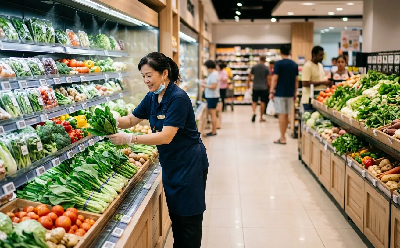Fresh produce consignment shelves in a store